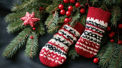 Winter holiday decoration featuring knitted mittens and pine branches with red berries creating a festive atmosphere for Christmas celebrations.