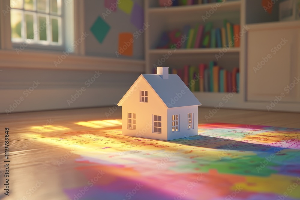 Poster miniature white house model placed in a brightly lit room showcasing colorful patterns on the floor 