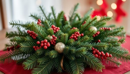 A beautiful Christmas centerpiece with lush greenery, red berries, and elegant ornaments. Perfect for holiday table decor and design inspiration.