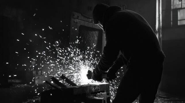 Silhouette of a worker using a grinder machine to cut metal, creating bright sparks against a dark industrial backdrop, emphasizing craftsmanship, manufacturing, and workshop activity.