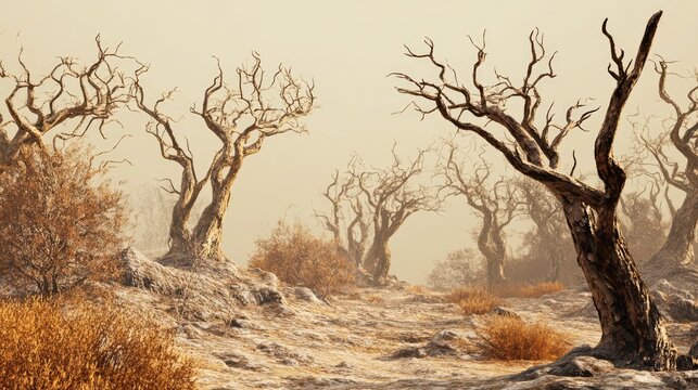 Desolate landscape featuring dead trees and arid terrain under a hazy sky capturing the essence of drought and environmental change.