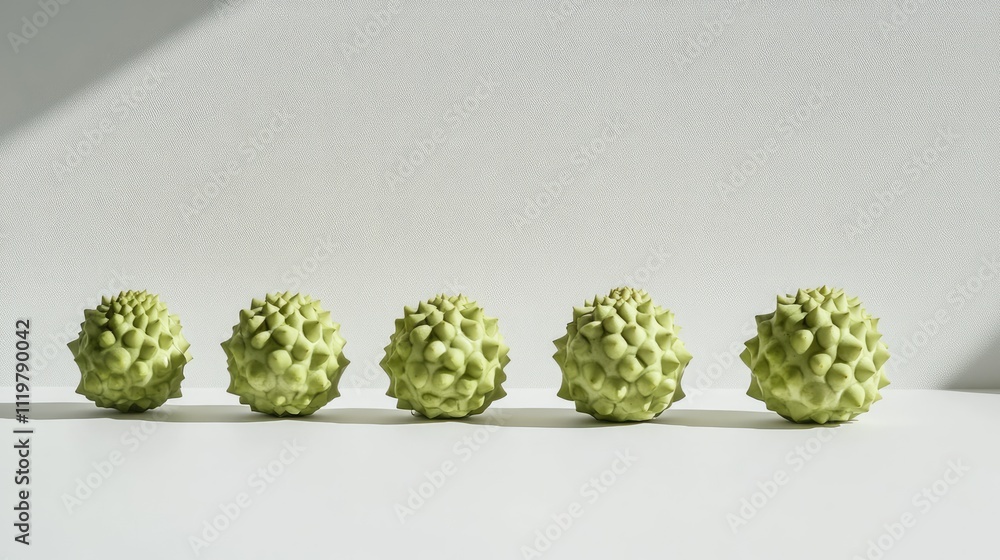 Poster custard apples arranged in a line on a white studio backdrop showcasing their unique texture and col