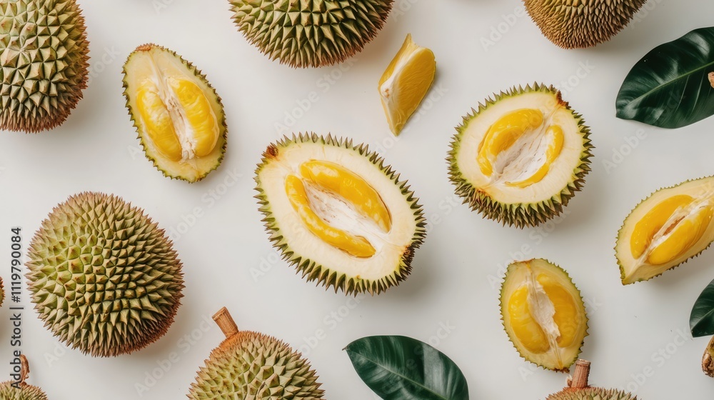 Poster durian fruit display with slices and whole durians on a white background showcasing its unique textu