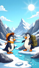 Obraz premium Illustrative cartoon-style image of penguin explorers on an adventure in Antarctica, vibrant setting under a sunny sky 