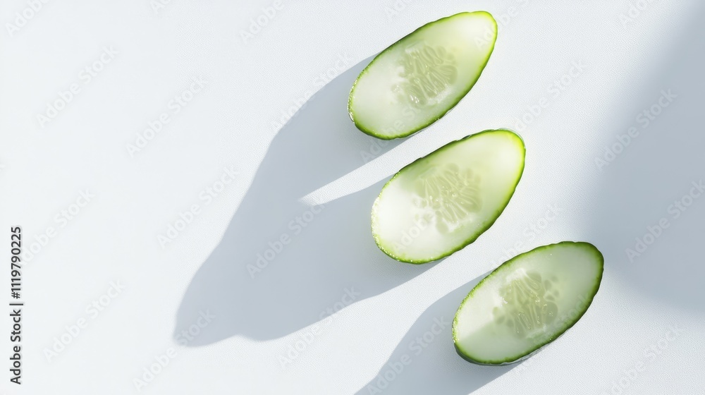 Poster cucumber slices arranged on a clean white background showcasing fresh green color and natural textur