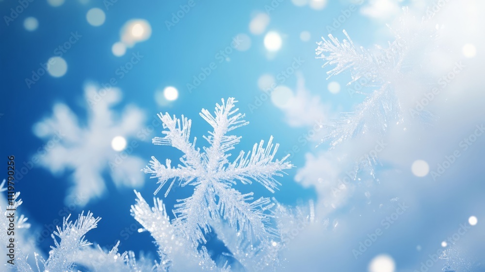Poster abstract background with snowflakes and bokeh lights on a blue background. christmas concept. snowy 