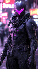 Futuristic armored figure with a glowing purple visor in a neon-lit city