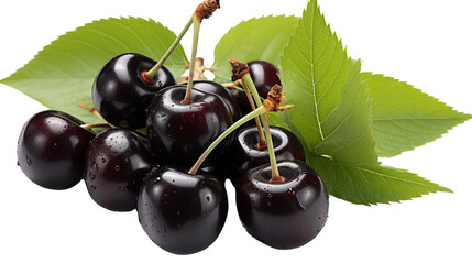 Artistic depiction of two black cherries with a green leaf, emphasizing simplicity and freshness, isolated on transparent background.