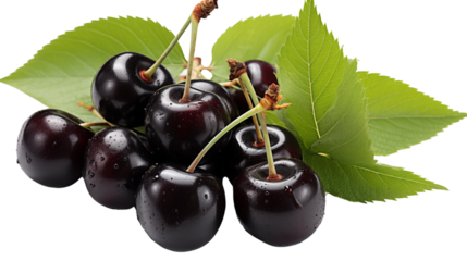 Artistic depiction of two black cherries with a green leaf, emphasizing simplicity and freshness, isolated on transparent background.