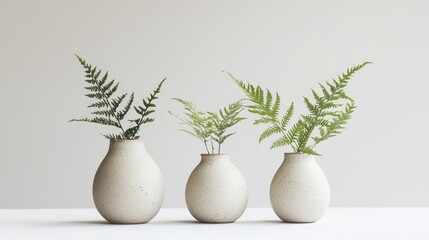 Elegant fern leaves arranged in minimalist ceramic vases on a clean background showcasing natural decor and botanical aesthetics