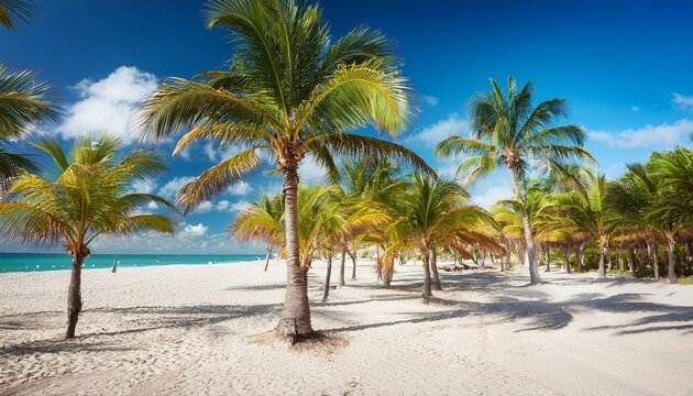 Schattenspendende Palmen an einem wundersch&ouml;nen Sandstrand mit Blick aufs Meer. Urlaubshintergrund.