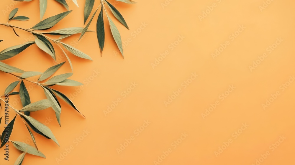 Poster hemp leaves arranged on a light orange background creating a minimalistic and creative composition w