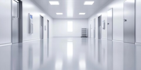 Obraz premium Healthcare facility hallway modern hospital interior sterile environment straight ahead view minimalist design