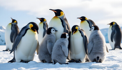 Fototapeta premium Photorealistic group of emperor penguins huddled together in Antarctica, serene mood highlighting family bonding with fluffy chicks 