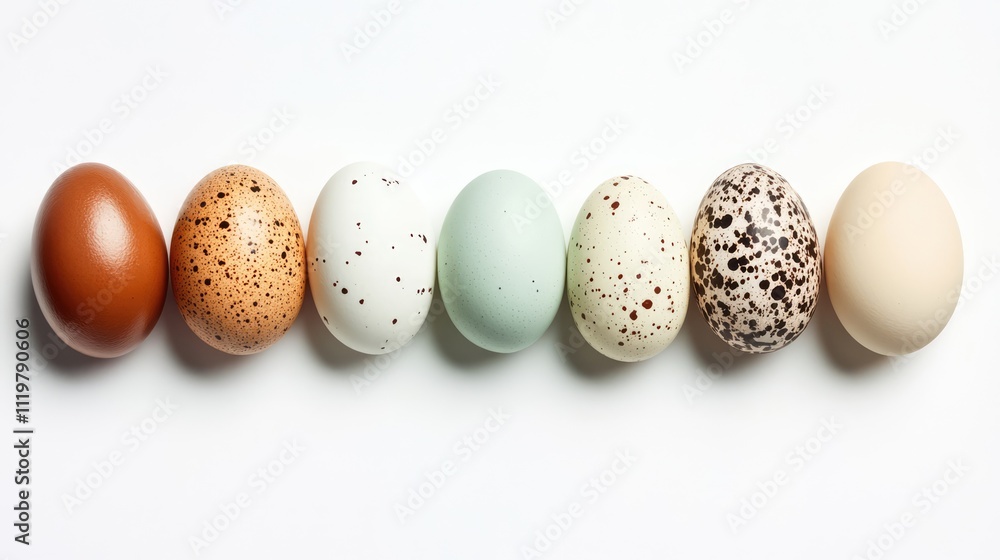Poster assorted decorative easter eggs displayed on a white background showcasing various colors and patter