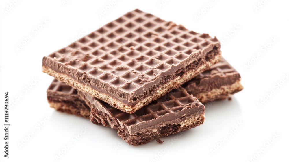 Poster chocolate wafer snacks stacked on a white background showcasing texture and layers in a close up vie