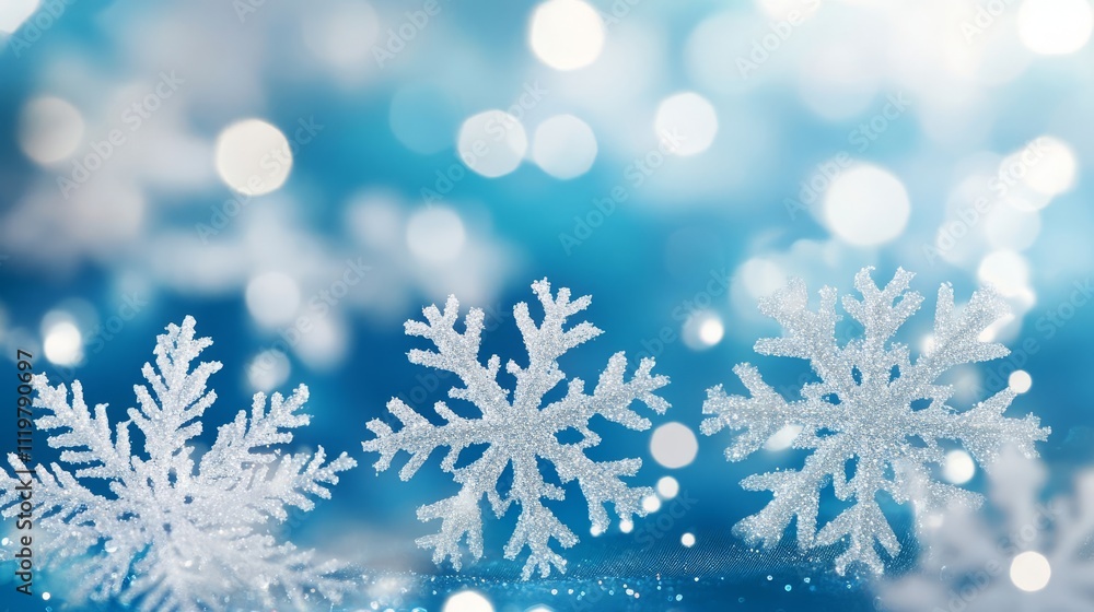 Poster abstract background with snowflakes and bokeh lights on a blue background. christmas concept. snowy 