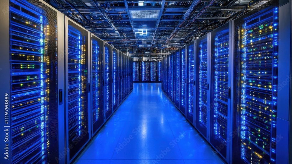 Poster high-tech data center with rows of servers in blue lighting, showcasing modern computing infrastruct