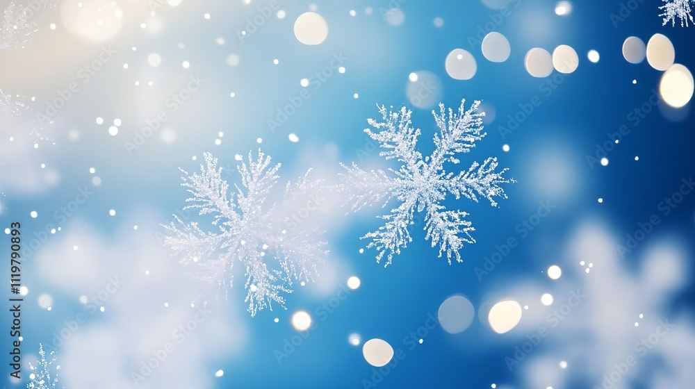 Poster abstract background with snowflakes and bokeh lights on a blue background. christmas concept. snowy 