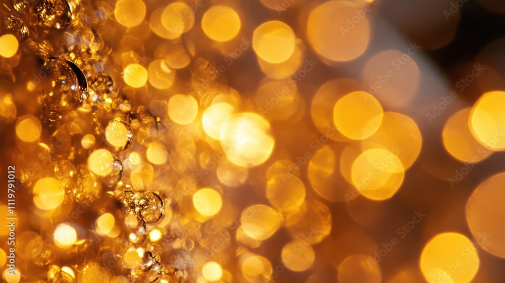 Poster golden bokeh close-up capturing soft, glimmering light reflections and bubbles, creating a warm and 