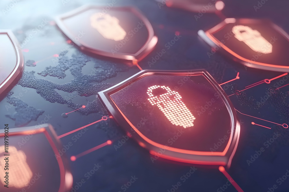 Aufkleber global cybersecurity network with glowing shields and padlock icons.