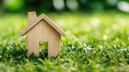 Wooden House Model Surrounded by Lush Green Grass Symbolizing Eco-Friendly Living and Sustainable Home Design