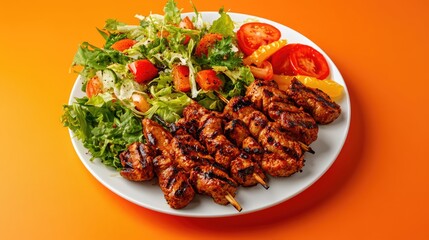 Grilled Mixed Meat Skewers with Fresh Salad on a Vibrant Orange Background for Culinary Experience and Recipe Promotion