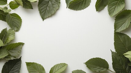 Fototapeta premium Green leaves frame on white background, perfect for nature-themed designs and presentations.