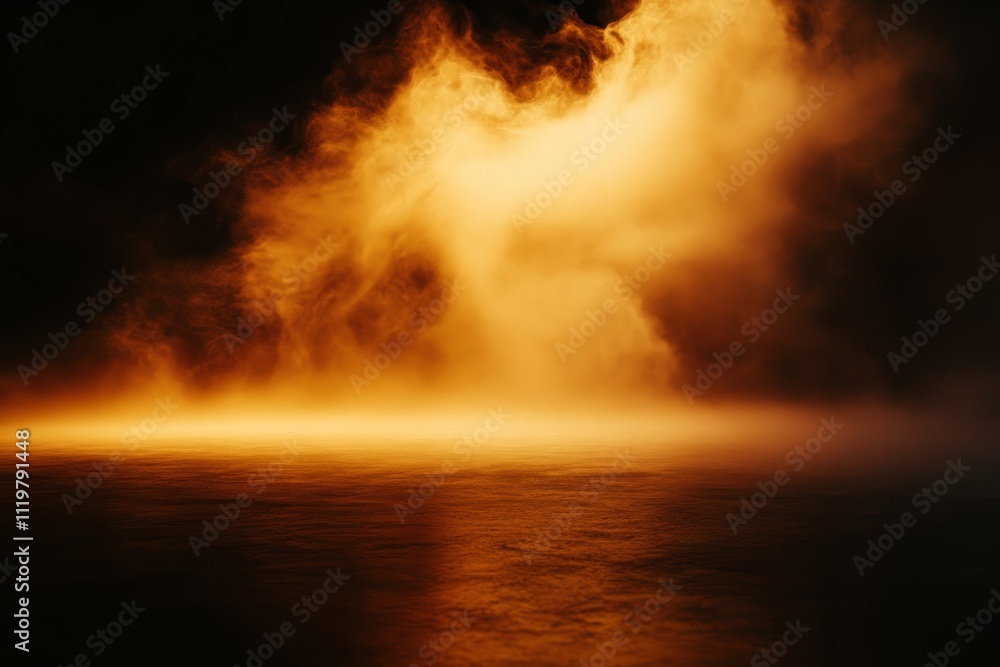 Poster mysterious golden fog rising over calm water at dusk, creating an enigmatic atmosphere with soft lig
