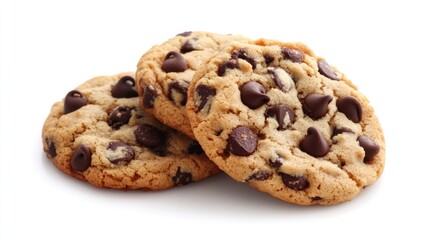 Freshly baked chocolate chip cookies arranged on a clean white background showcasing their golden brown color and rich chocolate chips