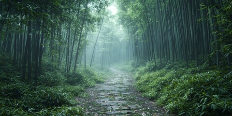 Fototapeta premium Misty Bamboo Forest Path Serene Nature Scene Tranquil Landscape