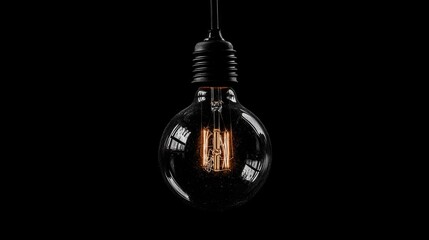 Transparent light bulb with an exposed filament, suspended against a black background, creating a dark and moody atmosphere, lighting design, industrial style, minimalism.