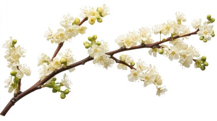 Flowering branch of Dracocephalum moldavica with delicate white blooms and green buds isolated on a clean white background