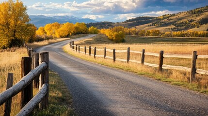 Serene winding country road with a wooden fence and vibrant autumn foliage under a picturesque sky