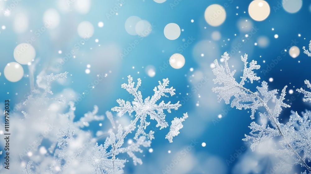 Poster abstract background with snowflakes and bokeh lights on a blue background. christmas concept. snowy 