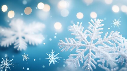 Abstract background with snowflakes and bokeh lights on a blue background. Christmas concept. Snowy winter scene.