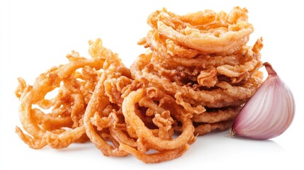 Crispy fried onion rings stacked on a white background with roasted onion flakes alongside a fresh onion bulb, food photography, culinary, texture, ingredients.
