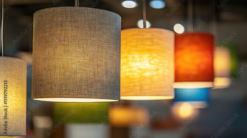 Poster closeup view of colorful lampshades hanging in a shop creating a warm and inviting atmosphere for in