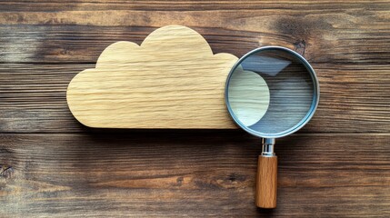 Wooden cloud and magnifying glass on rustic wood background representing cloud search engine optimization concepts and digital strategy