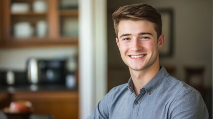 Fototapeta premium Smiling young man in a casual shirt enjoying a relaxed moment in a cozy kitchen setting with modern appliances.