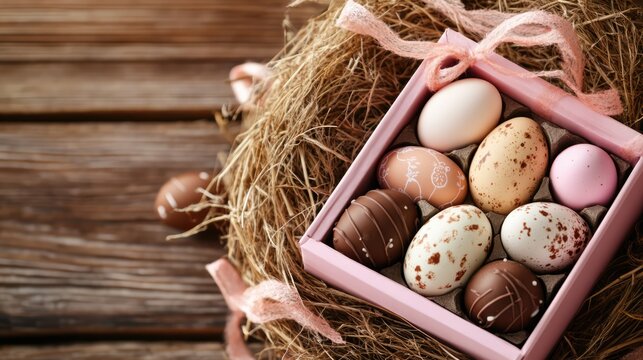 Easter chocolate and decorated eggs in a pink box surrounded by hay on a rustic wooden background