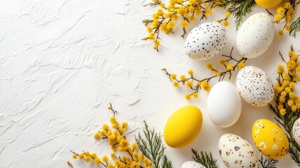 Easter themed card design with decorated eggs and mimosa flowers on a white textured background for spring celebrations