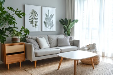 Minimalist Scandinavian living room light gray couch