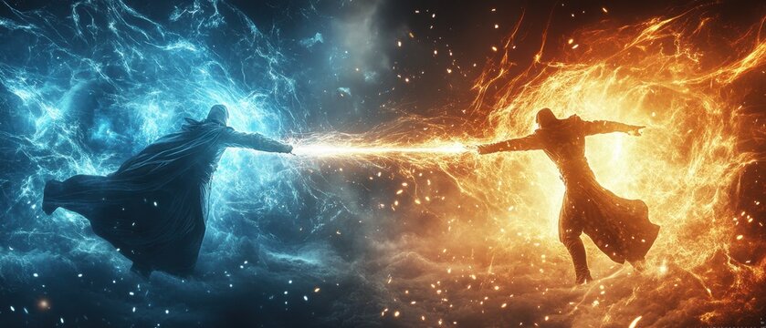 Epic battle between fire and ice wizards in a mystical realm filled with energy and magic