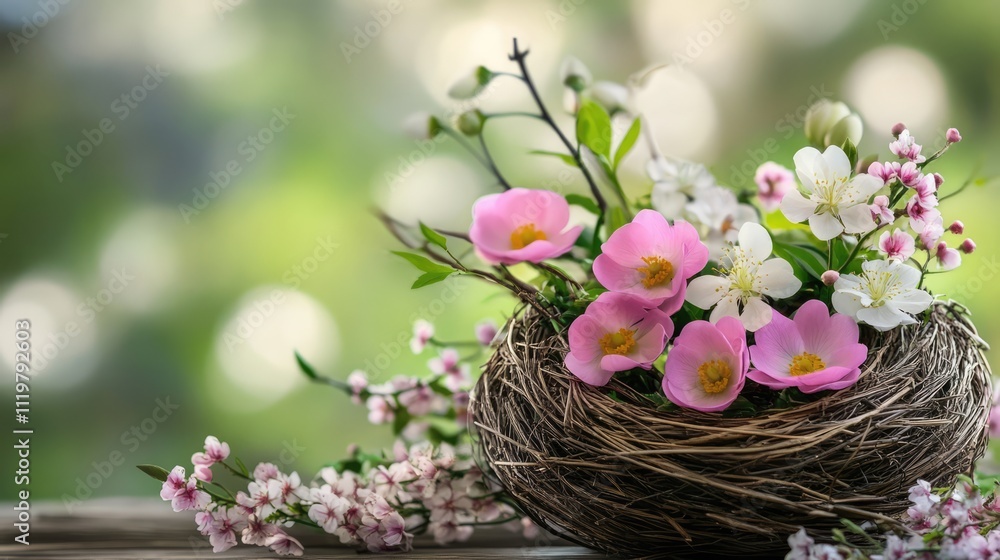 Poster spring floral nest arrangement with delicate blossoms and soft bokeh background creating a serene ea