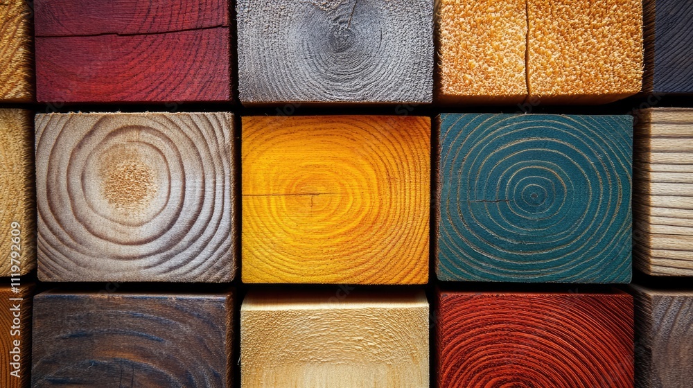 Poster vibrant multi-colored wooden blocks arranged in a grid pattern, showcasing various textures and grai