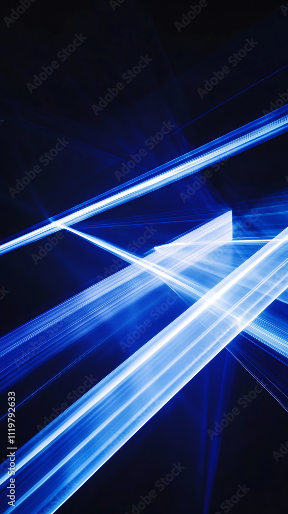 Fototapete Radiant laser beams in white and blue intersecting against a dark gradient, creating an impression of depth and movement. Vertical element for festive party, seminar talks, social media post