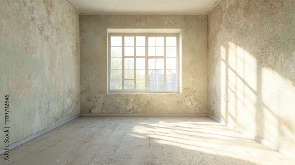 Poster abandoned room with peeling walls and sunlight through window creating an atmospheric backdrop for r