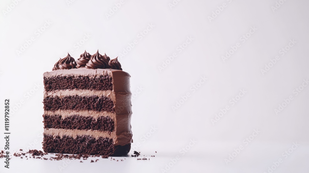 Aufkleber chocolate layer cake slice with rich frosting and crumbs isolated on white background for enticing d