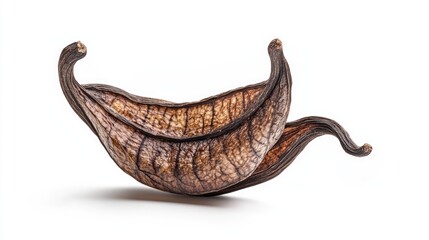 Obraz premium Dried vanilla pods isolated on white background showcasing unique shapes and textures for culinary and aromatic purposes